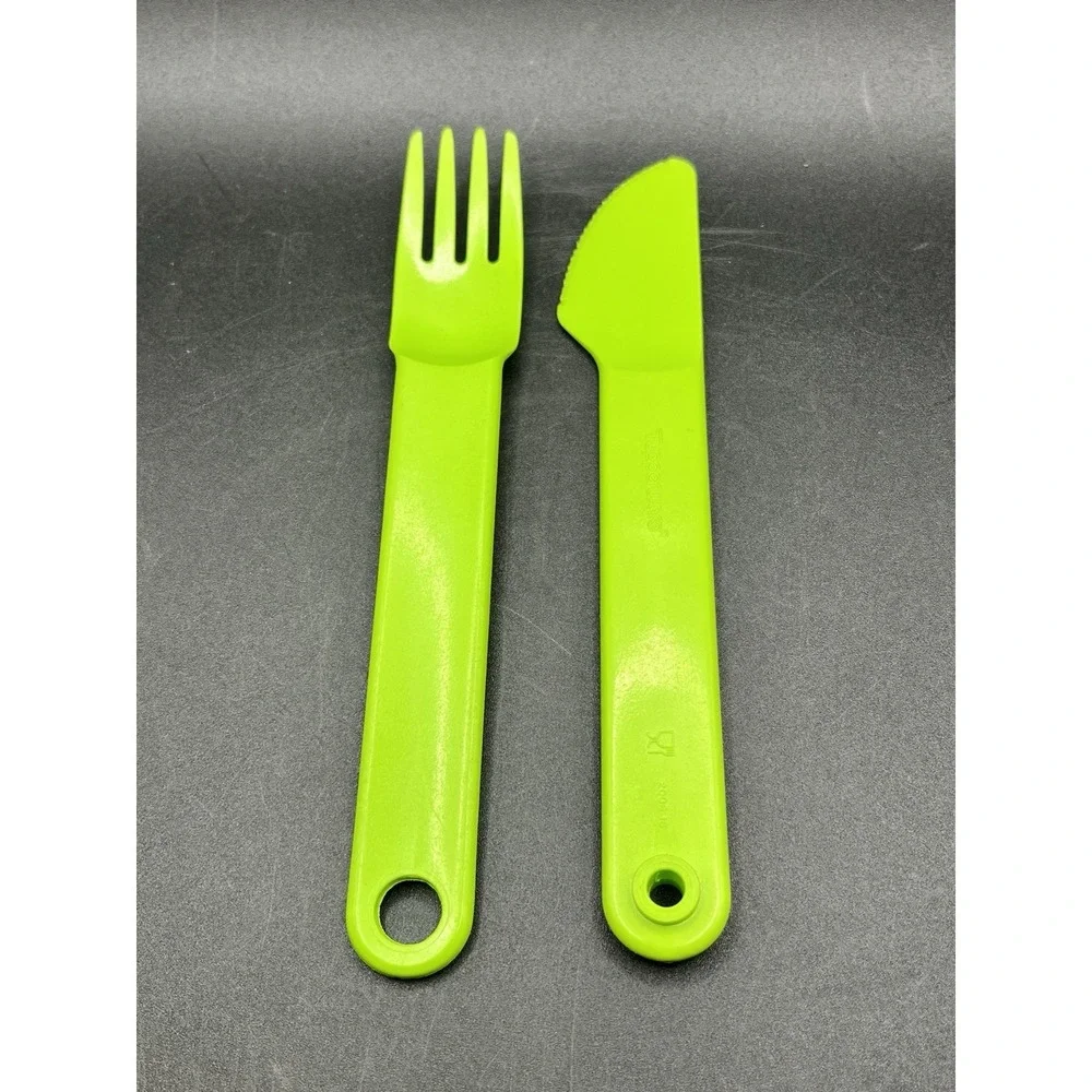 Tupperware Baby Child Kid Fork Knife Travel Feeding Utensils Set Verde Green Vtg